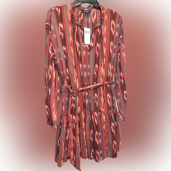 Ralph Lauren Geo-Stripe Belted Cotton Voile Dress Size 6 Fuchsia/Orange/Multi - Picture 6 of 11